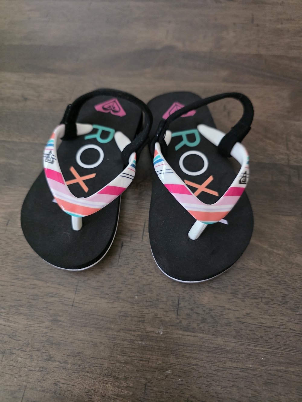 Roxy Kids Black Flip Sandals with Pink, Coral & Teal Stripes